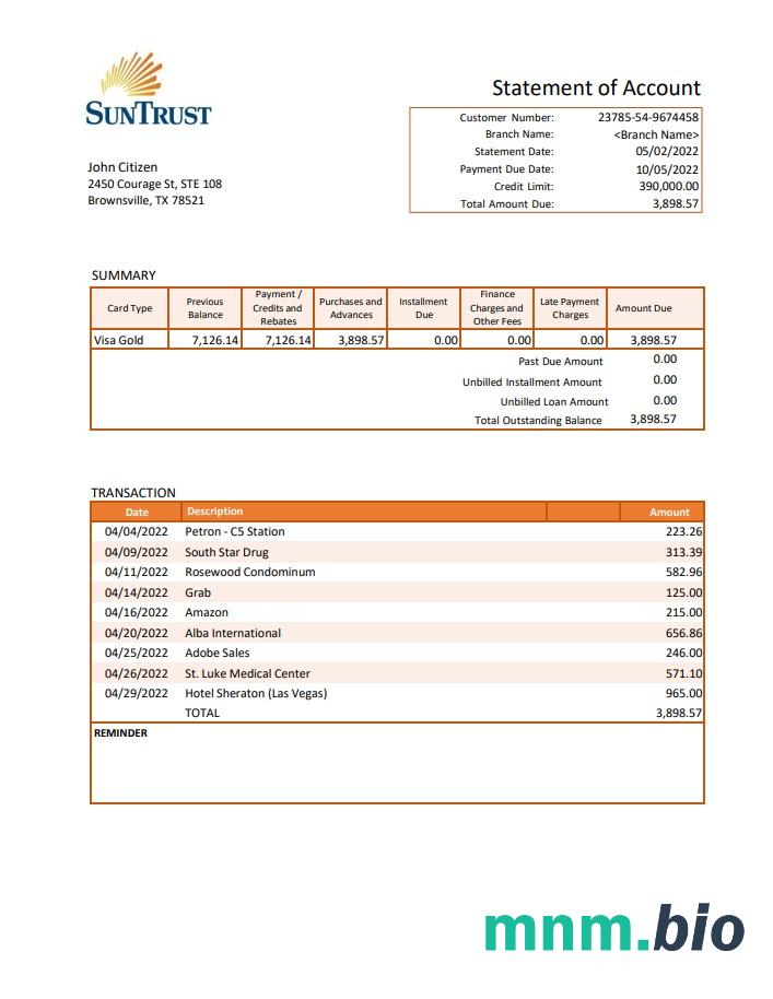 USA Suncoast wyciąg bankowy Word i szablon PDF, 3 strony